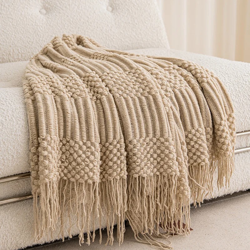 Throw Blanket Chunky Knit - Kaki gebreide deken met kwastjes, dikke