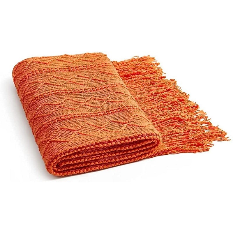 Throw Blanket Chunky Knit - Oranje gebreide dekens met kwastjes grote